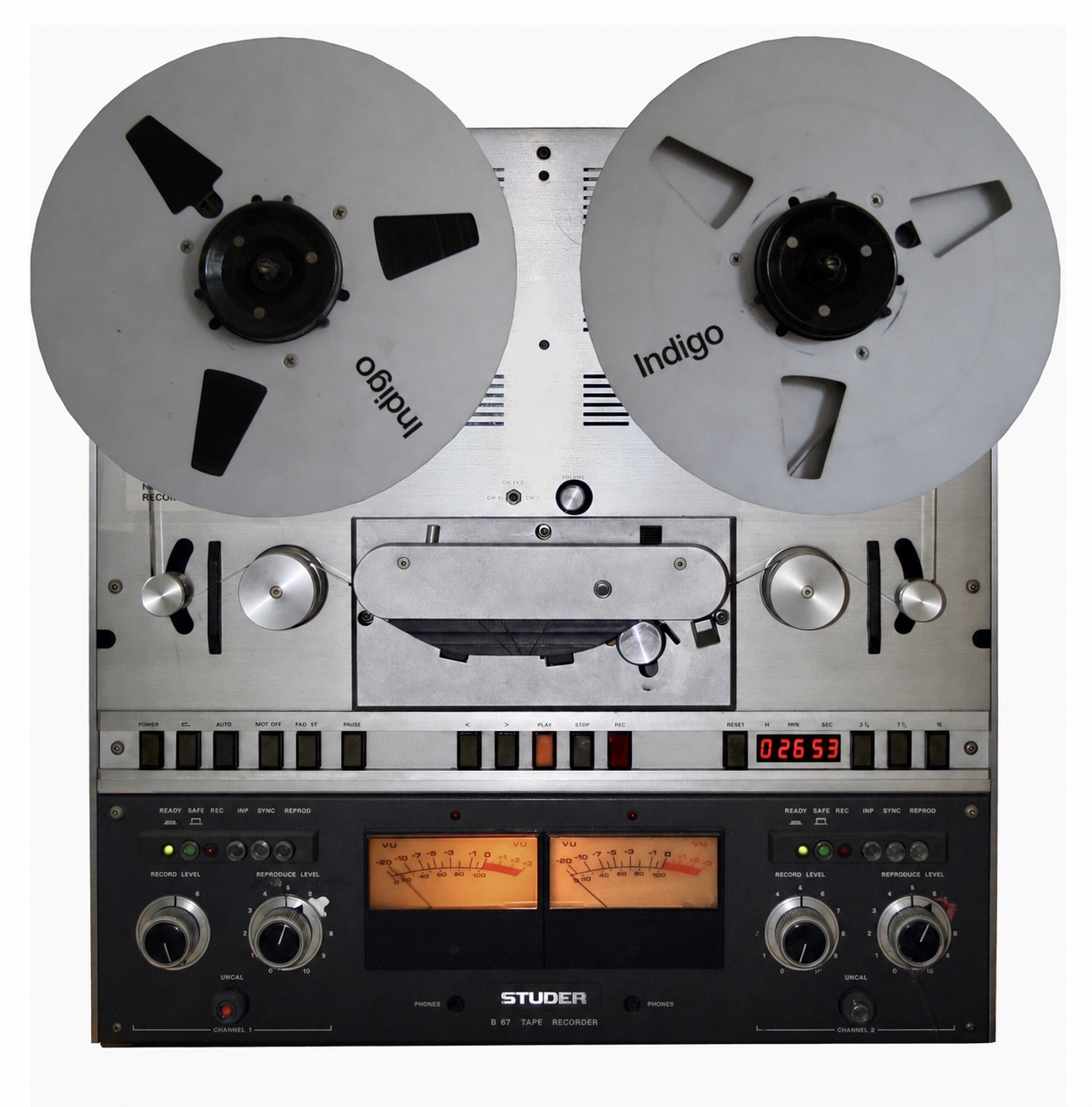 A Studer reel-to-reel tape machine with Indigo-branded reels